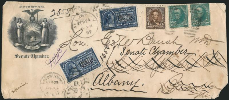 10c Blue, Special Delivery (E5).> Used with two 10c Dark Green (273) and 4c Dark Brown (269) and tied by Albany N.Y. Feb. 24, 1897 duplex cancels on cover front only with <State of New York Senate Chamber
illustration> to Brooklyn N.Y. and <forward
