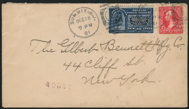 10c Blue, Special Delivery, Dot in Curved Frame Above Messenger (E5a).> Two covers, each bearing single and each with line thru Postal variety, first tied by Boston Mass. Aug. 19, 1902 cancel on 2c entire to
Buffalo N.Y., second tied by Summit N