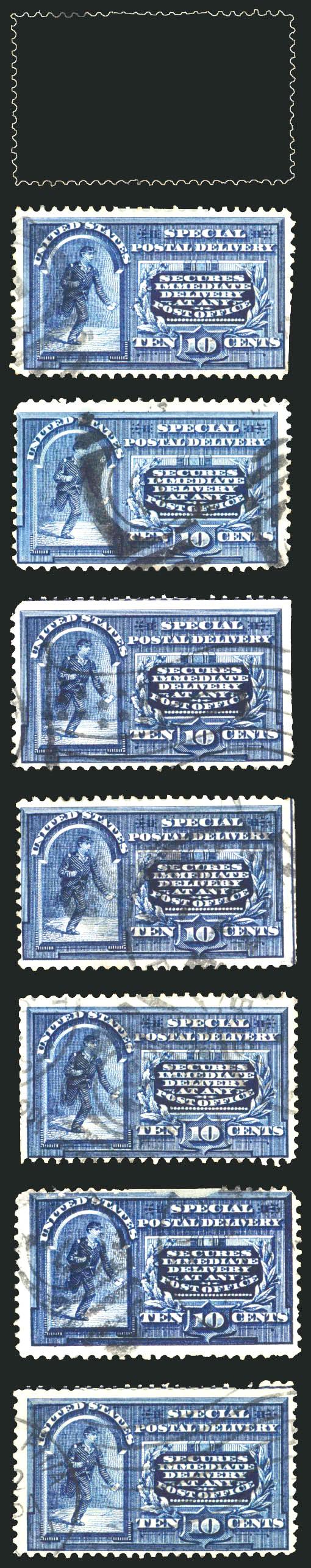 Special Delivery Balance (E4, E5, E5a).> Six unused and 19 used stamps, incl. single No. E4 with original gum (thin spot), three singles and pair of No. E5 with original gum, eight used singles of No. E5a with
accompanying article by Henry Gobie on d