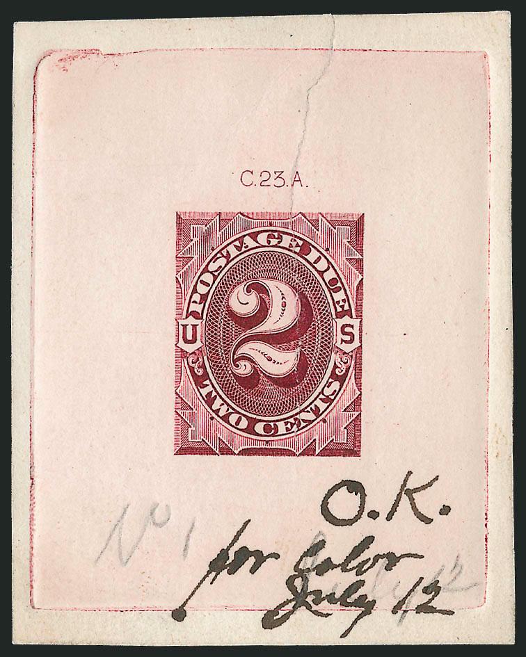 2c Claret, Large Die Proof Printed Directly on Card (J23P1 var).> 52 x 66mm with full die sinkage clear C23A American die no. at top, pencil <<No. 1>> and also ms. <<O.K. for color July 12>>, tear starting at
top and extending almost all the wa
