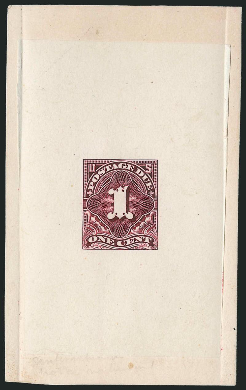 1c Deep Claret, Large Die Essay on India (J31-E1).> On 57 x 94mm card with die sinkage at sides, deep rich color, numeral without engraved lines, Very Fine and choice, probably unique, ex Earl of Crawford
