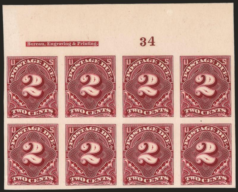 2c Claret, Plate Proof on Card (J32P4).> Top imprint and plate no. 34 block of eight, large margins all around, beautiful color, Very Fine and choice, only two top plate blocks exist and the other is in a
private collection, Scott Retail as plate blo