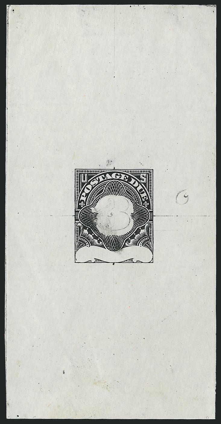 3c Black, Large Die Essay on India (J33-E1).> 51 x 100mm, with pencil 3 at center and with most design details incomplete, tiny thin spot just above design, Very Fine, a visually striking essay which is likely
unique