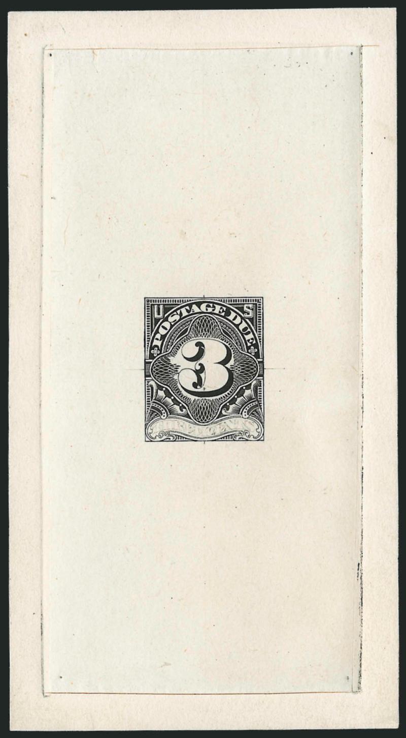 3c Black, Large Die Essay on India (J33-E2).> On 60 x 111mm card with full die sinkage, more complete than the previous lot but with significant portions of the design incomplete and with pencil lettering in
bottom label, faint horizontal crease, Ver