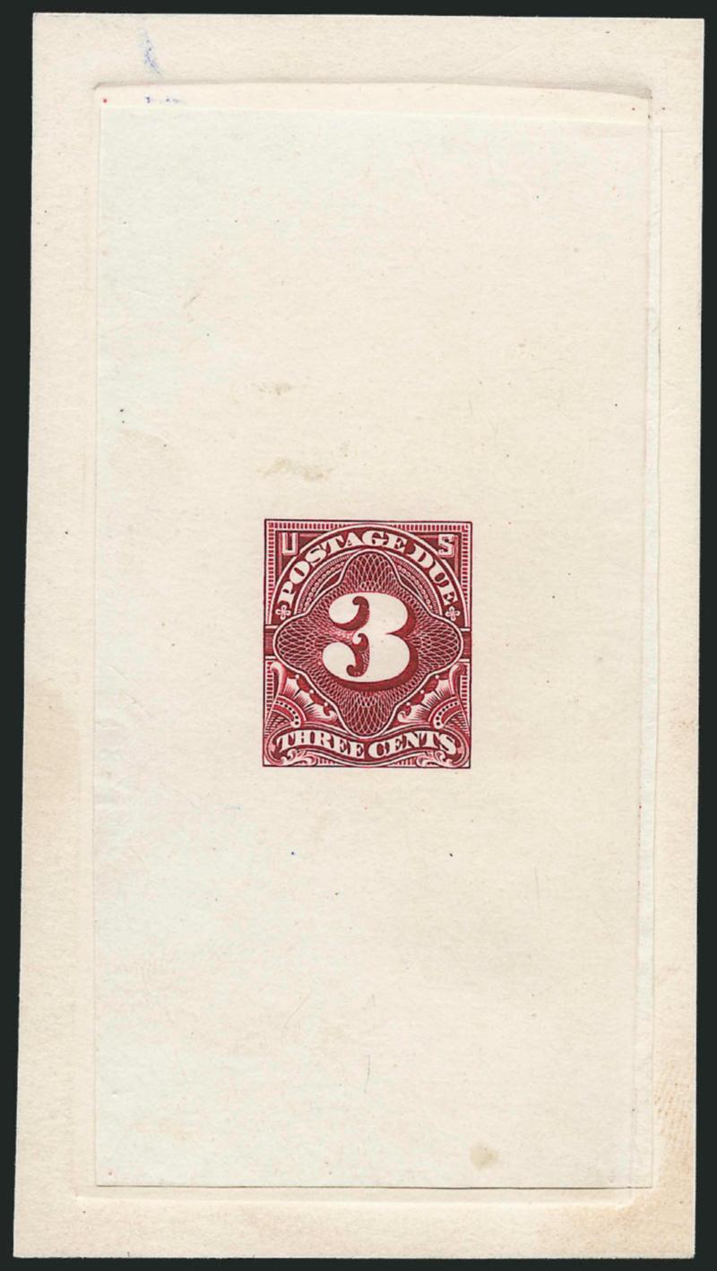 3c Claret, Large Die Essay on India (J33-E3).> On 61 x 111mm card with full die sinkage, rich color, with portions of design incomplete incl. lacking any engraved lines in the central numeral, fresh and Very
Fine, rare