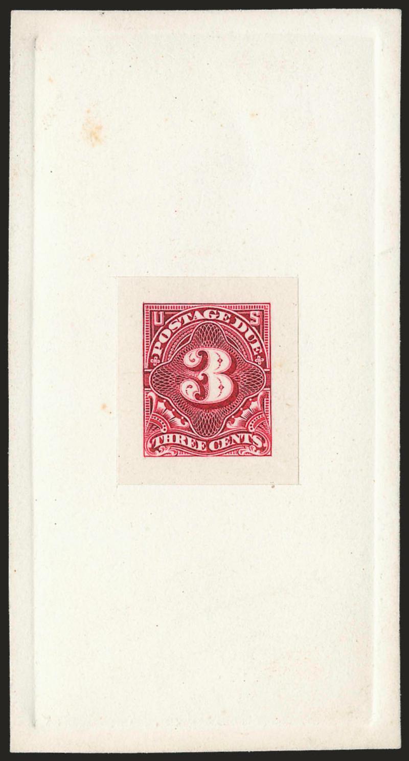 3c Claret, Large Die Proof on India (J33P1).> 26 x 30mm and on 57 x 108mm card with full die sinkage, taken from Die 54 <before hardening> and lacking the plate crack evident on later proofs, Very Fine, very
rare, this die shows larger triangles in l