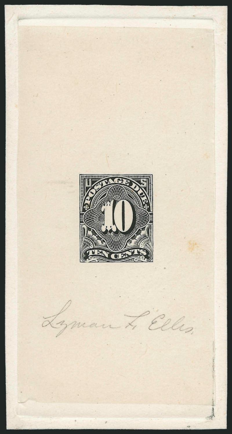 10c Black, Large Die Essay on India (J35-E1).> On 56 x 107mm card with full die sinkage, bright shade, lacking any engraved lines on the numeral, signed in pencil by the engraver <<Lyman L. Ellis>>, Very Fine
and choice, probably a unique essay