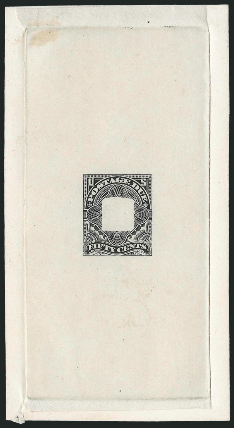 50c Black, Large Die Essay on India (J37-E1).> On 61 x 113mm card with full die sinkage, bright shade, with blank square at center for numeral and with faint outline of 50 which shows that the design for the
numeral was in its infancy, fresh and Ve