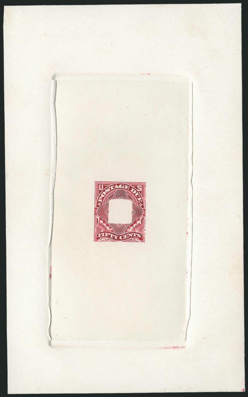 50c Claret, Large Die Essay on India (J37-E1).> On 87 x 142mm card with full die sinkage, with blank square at center for numeral, faint outline of numeral at center shows that this part of the engraving was
just being started, Very Fine and choice,