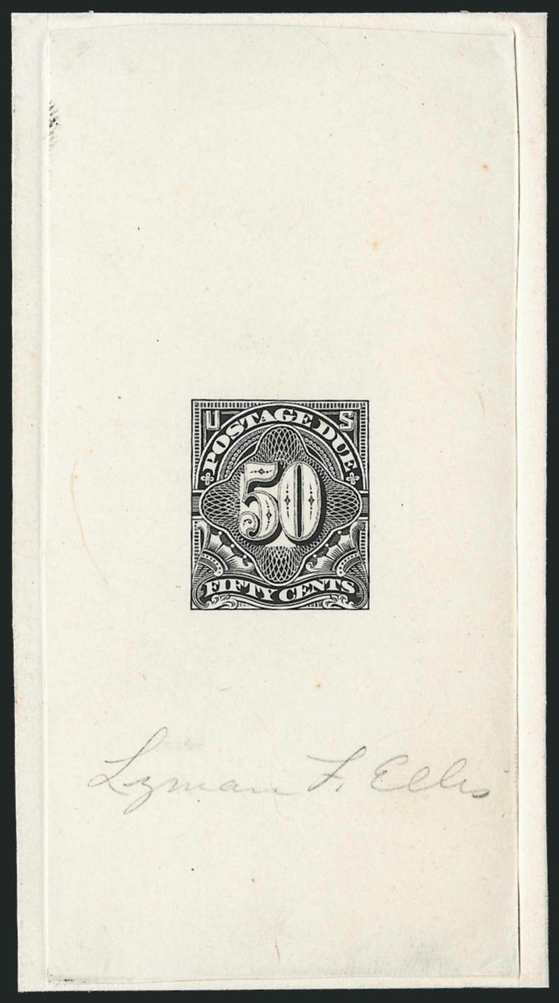 50c Black, Large Die Essay on India (J37-E2).> On 57 x 104mm card which barely shows full die sinkage area, intense shade, incomplete design especially around central numeral, signed in pencil by Lyman Ellis,
Very Fine and choice, probably unique