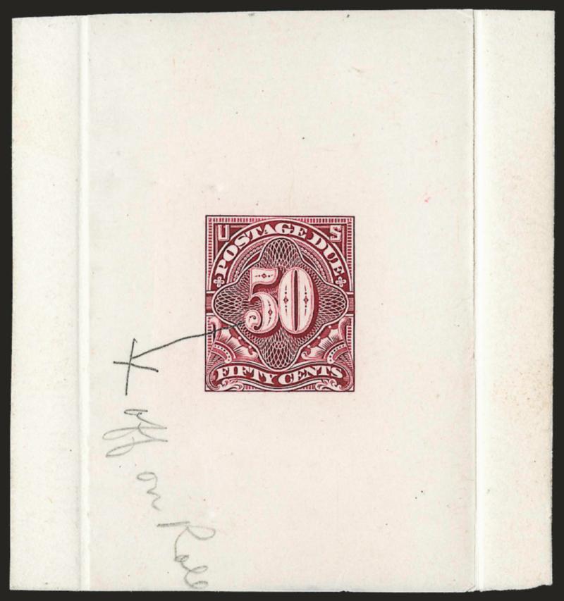 50c Claret, Large Die Proof on India (J37P1).> 68 x 73mm with die sinkage at sides, pencil line points to bottom of 5 of 50 and with notation <<off on roll>> indicating correction to be made to transfer roll,
Very Fine, an unusual proof and impo