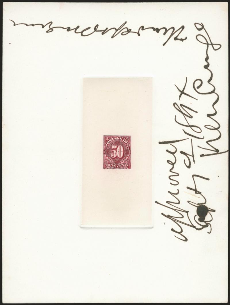 1c-50c Claret, 1894 Large Die Proofs on India (J31P1-J37P1).> On approximately 152 x 201mm cards with full die sinkage, 1c and 2c with extra India cut away so appearing slightly larger than stamp size, all
except 3c and 30c <signed and approved by Th