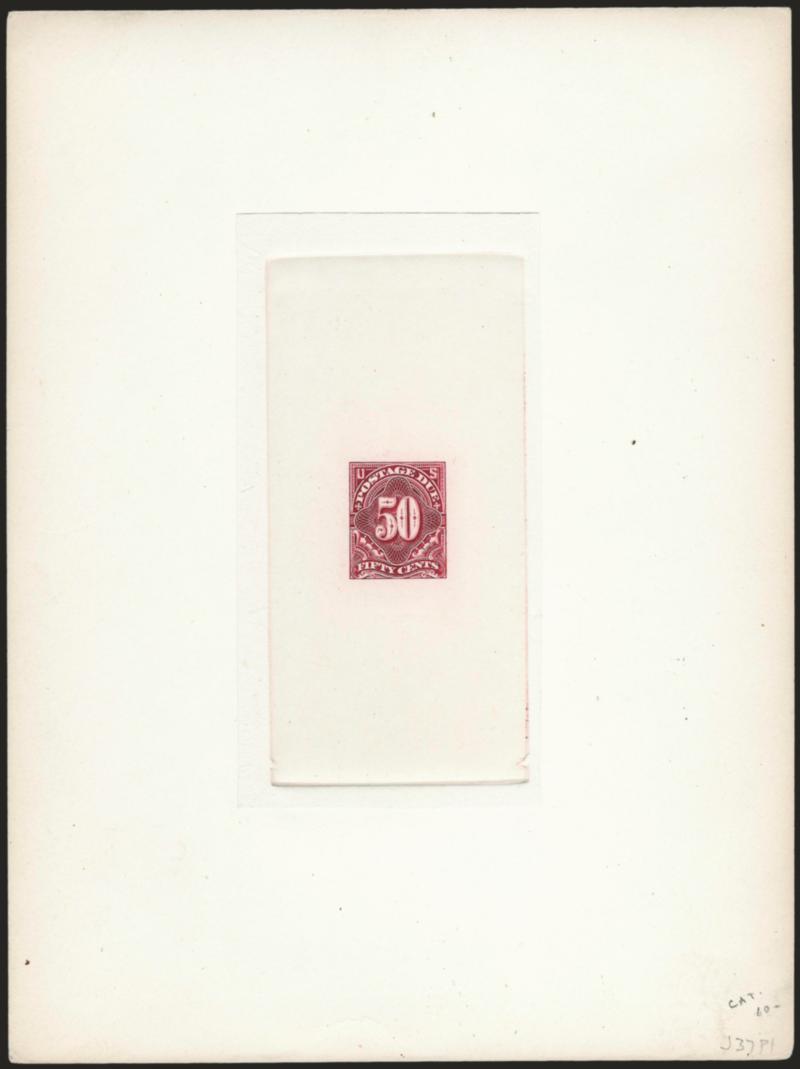 1c-50c Claret, 1894 Large Die Proofs on India (J31P1-J37P1).> On approximately 152 x 202mm cards with full die sinkage except 1c 62 x 112mm with full die sinkage, 1c and 5c-50c with vertical die sinkage area,
others with square die sinkage area, coup