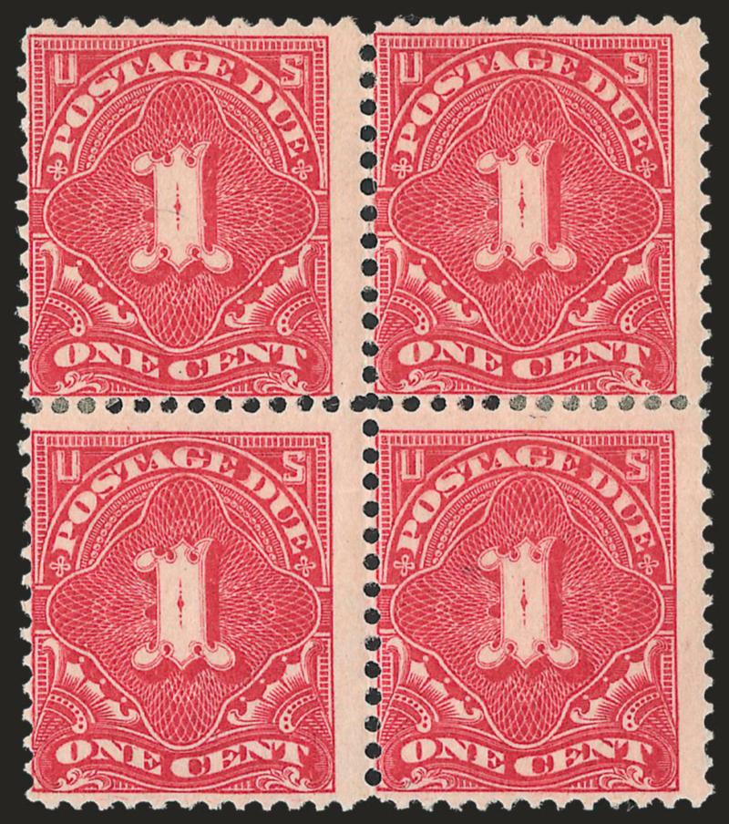 1c Vermilion (J29).> Block of four, original gum, h.r. at sides where few perfs sensibly reinforced, radiant color, bottom stamps horizontal crease, top stamps few perf separations, Fine appearance, an extremely
scarce multiple, this is the first blo
