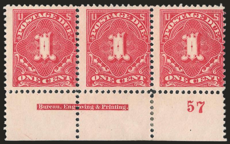 1c Vermilion (J29).> Bottom imprint and plate no. 57 strip of three, left stamp Mint N.H., h.r. in selvage where few perfs sensibly reinforced, vibrant color, left stamp faint corner crease at top left, Very
Good-Fine, a rare position piece, Scott Re