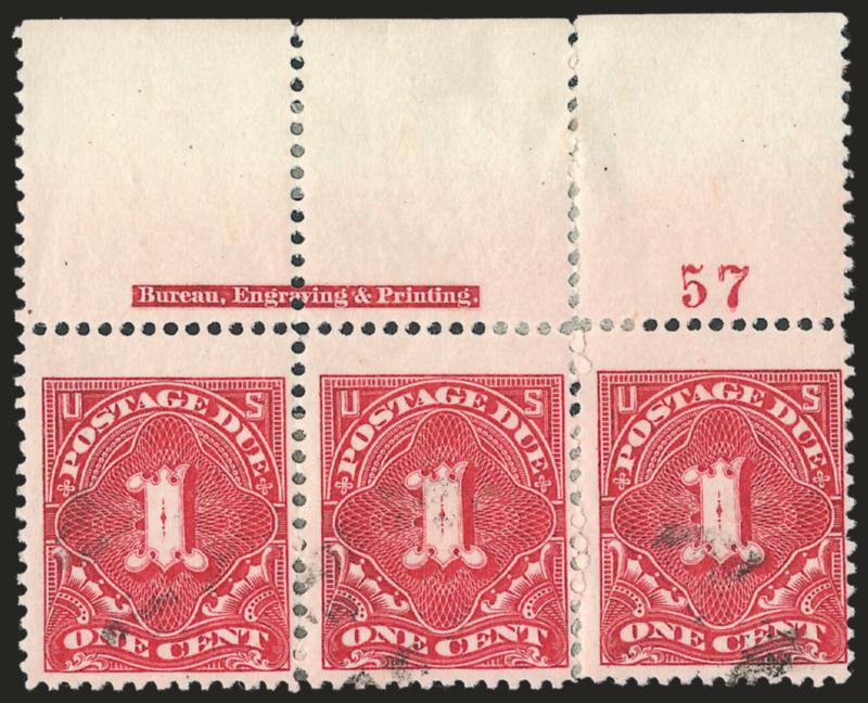 1c Vermilion (J29).> Top imprint and plate no. 57 strip of three with wide selvage, original gum, h.r. but also with cancels, some perfs sensibly reinforced, Fine appearance, Scott Retail as three used singles
without any premium for the position