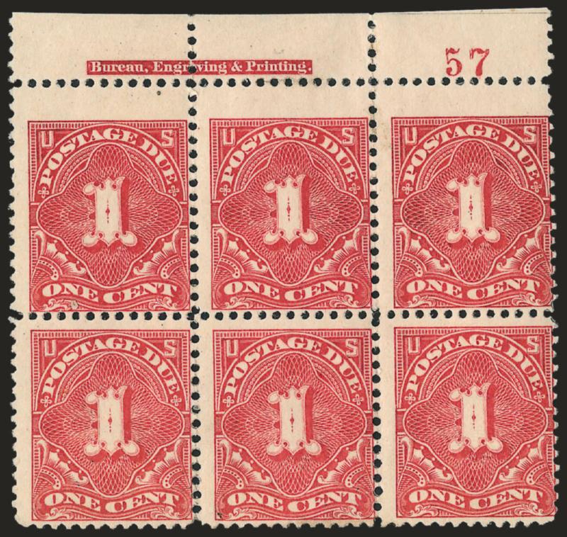 1c Vermilion (J29).> Top imprint and plate no. 57 block of six, original gum, several h.r. incl. some sensibly reinforcing perf separations, couple light creases<><>^FINE APPEARANCE. AN EXTREMELY RARE PLATE
BLOCK OF THE UNWATERMARKED ONE-CENT VERMI