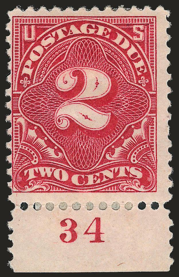 2c Vermilion (J30).> With plate no. 34 at bottom, original gum, bit heavy h.r., pretty shade, Fine