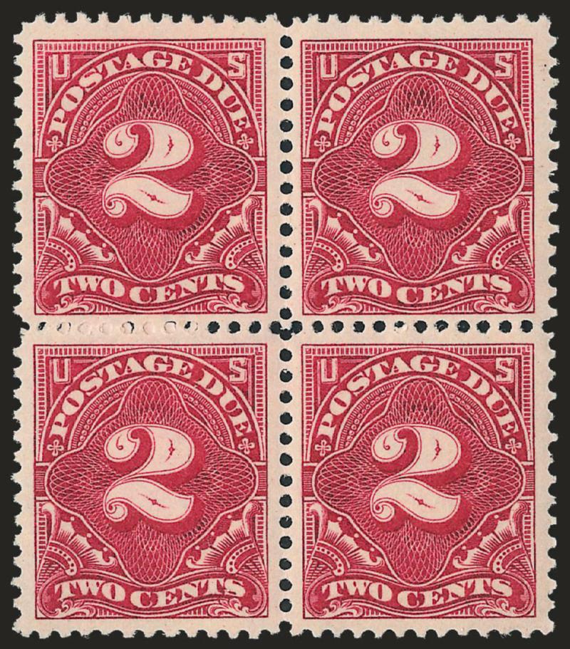 2c Vermilion (J30).> Block of four, bottom stamps Mint N.H., top stamps barely hinged, deep rich color approaching the Deep Vermilion shade, well-balanced margins<><>^VERY FINE-EXTREMELY FINE. A BEAUTIFUL BLOCK
OF FOUR OF THE UNWATERMARKED 2-CENT V