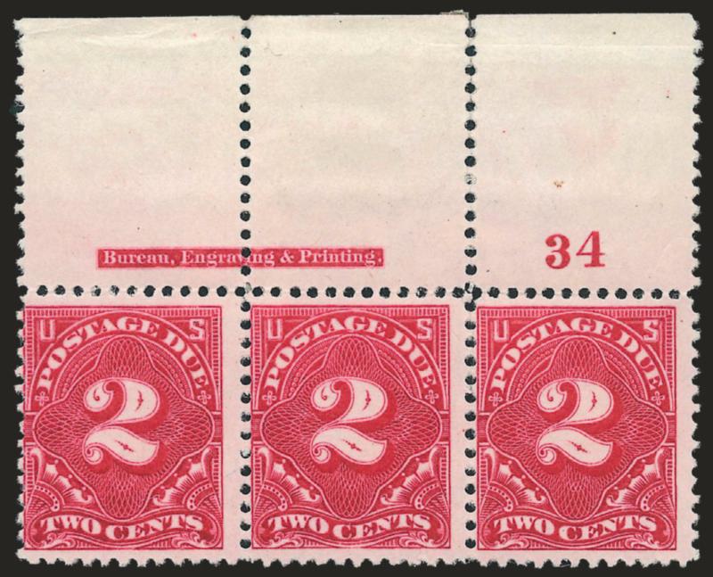 2c Vermilion (J30).> Top imprint and plate no. 34 strip of three with wide selvage, rich color, original gum, h.r. mostly in selvage where few perfs sensibly reinforced, minor horizontal crease at top of
selvage, Fine, scarce plate number multiple, S