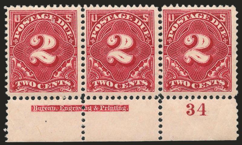 2c Vermilion (J30).> Bottom imprint and plate no. 34 strip of three, original gum, lightly hinged, bright color, light natural gum creases, Fine, scarce and desirable plate number strip, Scott Retail as singles
with no premium for the position