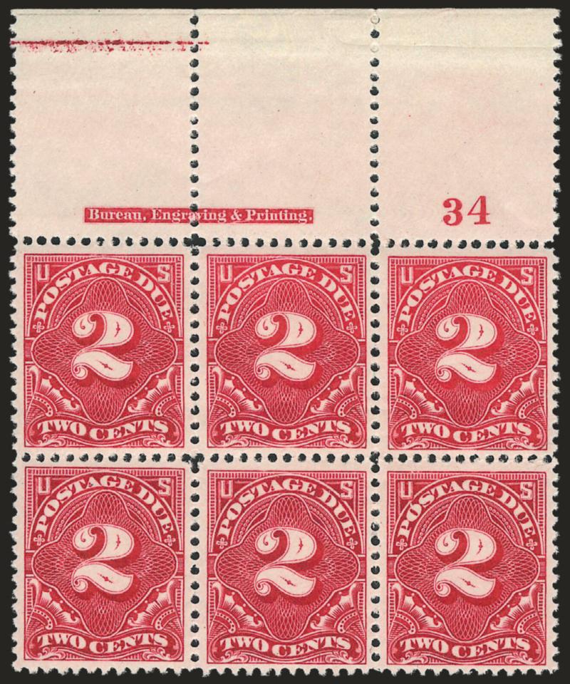 2c Vermilion (J30).> Mint N.H. top imprint and plate no. 34 block of six with wide selvage, radiant color on crisp paper, choice centering throughout, light natural horizontal gum creases<><>^EXTREMELY FINE. A
STUNNING MINT NEVER-HINGED PLATE BLOCK