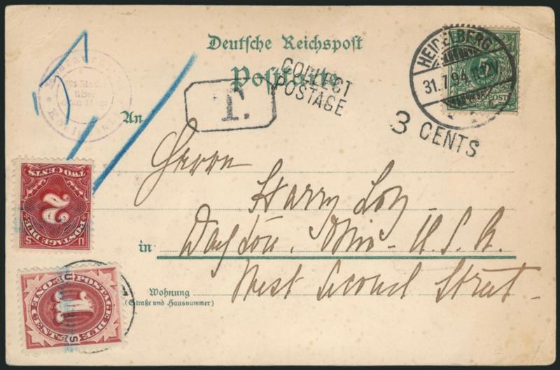 2c Vermilion (J30).> Used with 1c Bright Claret (J22) and both cancelled by blue crayon on postcard to Dayton O., bearing <Germany 5pf stamp (47)> tied by Heidelberg 31.7.94 circular datestamp, neat strikes of T
in octagon and Collect 3 Cents Po