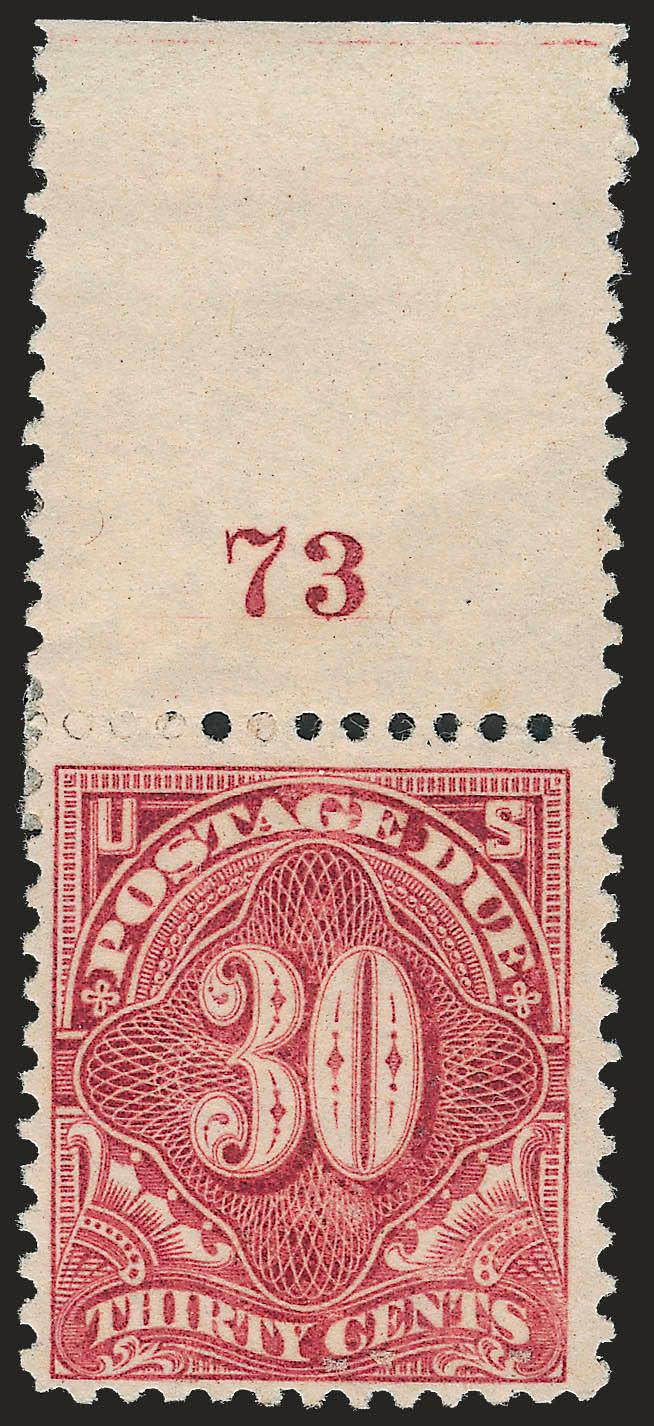 1c-30c Deep Claret (J31-J34, J36b).> Plate no. singles, incl. two each of 1c and 2c (different plate nos. and 1c also different shades), original gum, few h.r., bright colors, few trivial imperfections,
Fine-Very Fine, desirable group, Scott Retail w