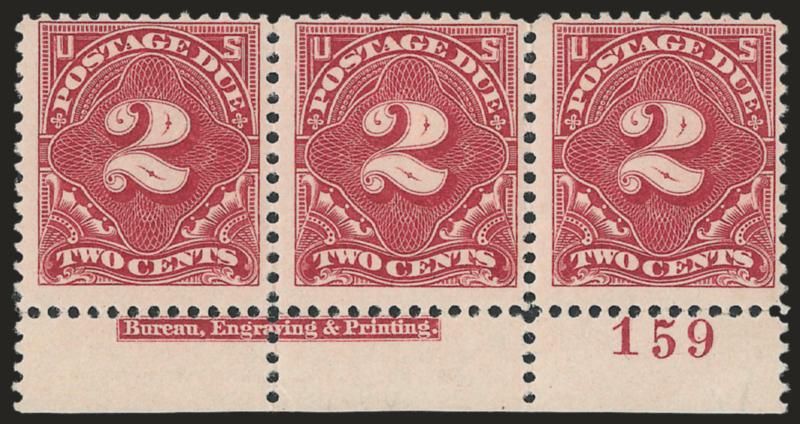 1c, 2c Deep Claret (J31-J32).> Imprint and plate no. strips of three, incl. four 1c and three 2c, several different plate nos., original gum, few h.r., few flaws, some Fine-Very Fine, Scott Retail as
singles