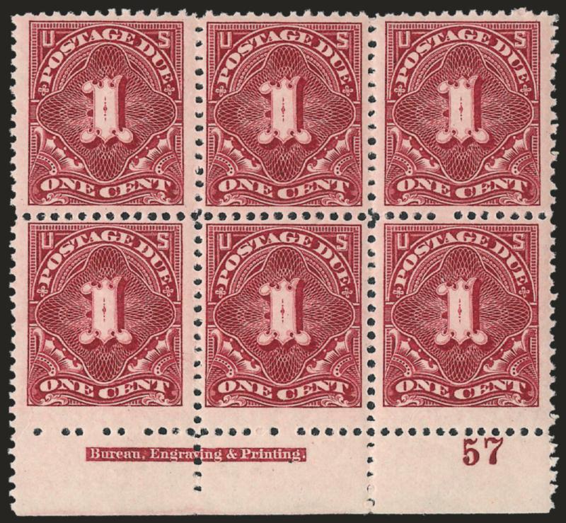1c Deep Claret (J31).> Bottom imprint and plate no. 57 block of six, stamps Mint N.H., barest trace of hinging in selvage only, intense shade and impression, fresh and Fine-Very Fine, Scott Retail as
singles