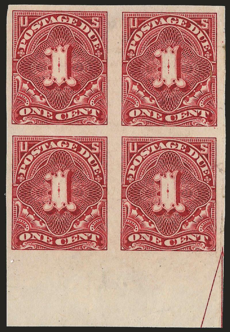 1c Claret, Imperforate (J31a).> Block of four, large to huge margins incl. part arrow sheet margin at bottom, rich color, original gum, tiny corner crease at top right, Very Fine appearance