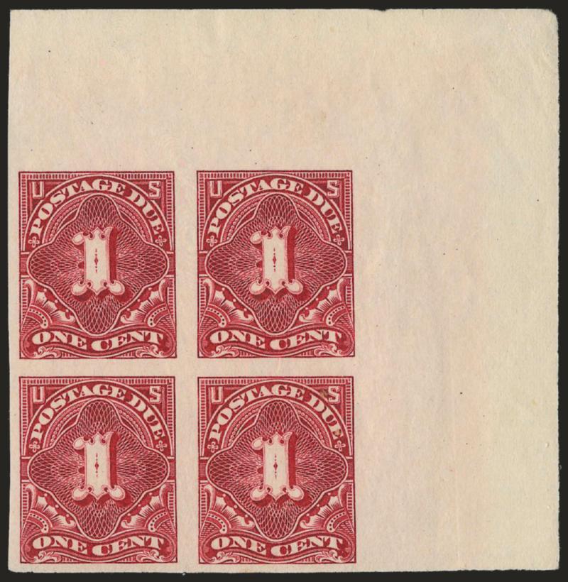 1c Claret, Imperforate (J31a).> Top right corner margin block of four, large margins other sides, slightly disturbed original gum, small thin spots and light creases, Extremely Fine appearance, with 1994 P.F.
certificate as sound
