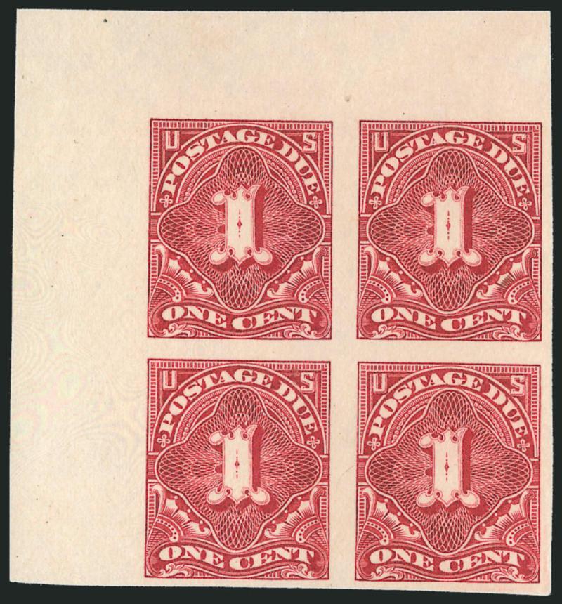 1c Claret, Imperforate (J31a).> Top right corner margin block of four, unused (no gum), large margins other sides, bright color, Very Fine, two with large owners backstamps