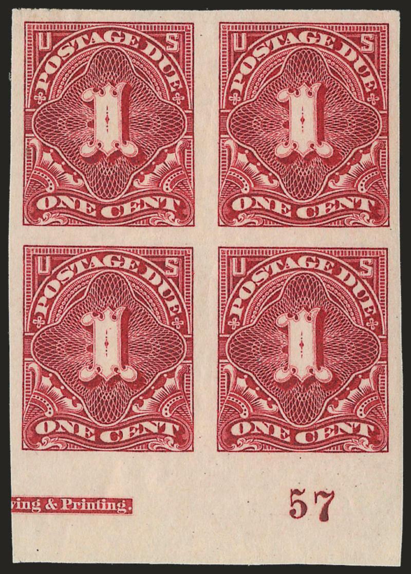 1c Claret, Imperforate (J31a).> Block of four with <part imprint and plate no. 57,> large margins other sides, slightly disturbed original gum, small thin spots, Very Fine appearance, only one complete plate
block is known, Scott Retail as block of f