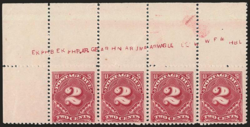 2c Deep Claret (J32).> Mint N.H. top left corner selvage strip of three with initials at top from pressmen, bright color, Very Fine and choice, the pressmen would add their initials so that any mistakes could be
tracked, Scott Retail as singles