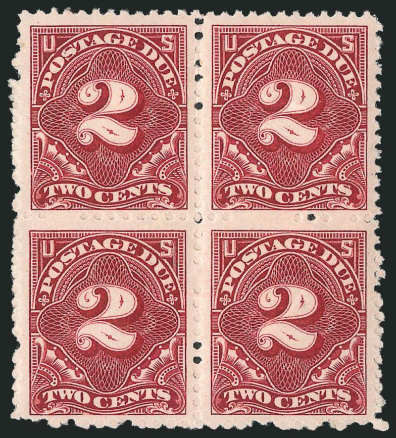 2c Deep Claret (J32).> Mint N.H. block of four, radiant color and detailed impression, many unpunched perfs indicative of shoddy work by the Bureau in 1894, Fine-Very Fine, Scott Retail as singles