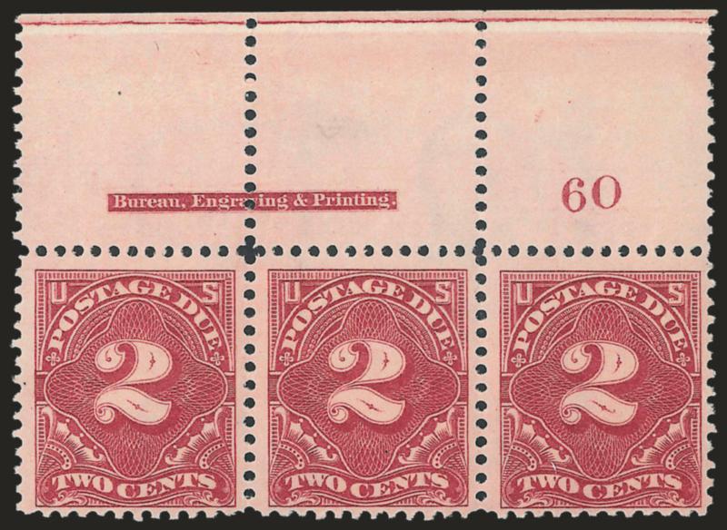 2c Deep Claret (J32).> Mint N.H. top imprint and plate no. 60 strip of three with wide selvage, radiant color, crisp impression, Fine-Very Fine, Scott Retail as Mint N.H. singles with no premium for the
position