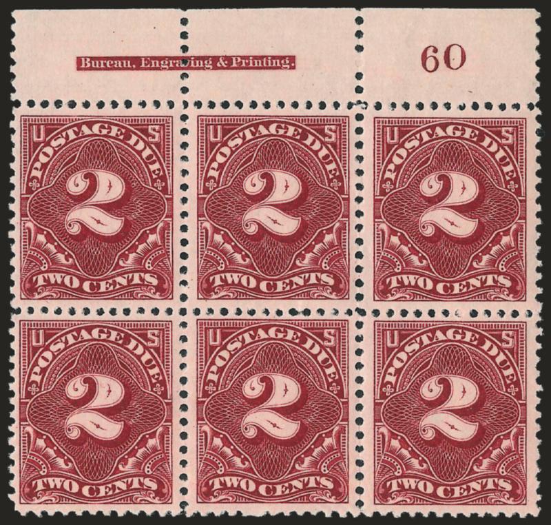 2c Deep Claret (J32).> Mint N.H. top imprint and plate no. 60 block of six, deep rich color and proof-like impression on bright paper, bit heavy natural gum skips and bends, still Very Fine, an attractive plate
block, top plate blocks are considerabl