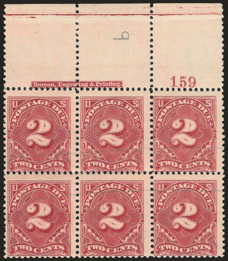 2c Deep Claret (J32).> Top imprint and plate no. 159 block of six with wide selvage, stamps Mint N.H., lightly hinged at top edge of selvage where ungummed, vibrant color, stamps with light horizontal ms.
possibly used as a control, Fine, Scott Retai
