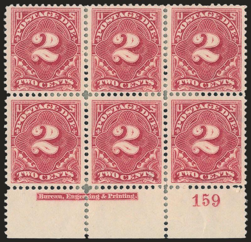 2c Deep Claret (J32).> Block of four, top imprint and plate no. 159 strip of three and bottom imprint and plate no. 159 block of six, original gum, range of shades, few flaws, overall Fine-Very Fine