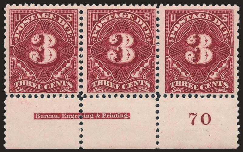 3c Deep Claret (J33).> Mint N.H. bottom imprint and plate no. 70 strip of three, intense shade and impression on bright paper, fresh and Fine, Scott Retail as Mint N.H. singles with no premium for the
position