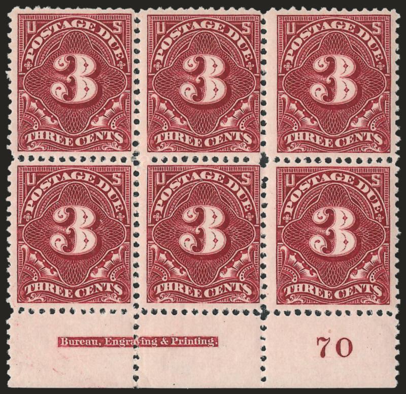 3c Deep Claret (J33).> Bottom imprint and plate no. 70 block of six, right pair Mint N.H., others single h.r. at center where few perfs sensibly reinforced, intense shade and impression, top left stamp few
nibbed perfs at top, otherwise Fine-Very Fin