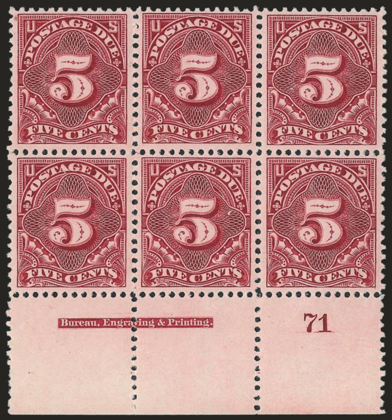 5c Deep Claret (J34).> Mint N.H. bottom imprint and plate no. 71 block of six with wide selvage, brilliant color, choice centering, insignificant fingerprint on gum, light diagonal crease affects bottom right
stamp and selvage<><>^VERY FINE APPEARA