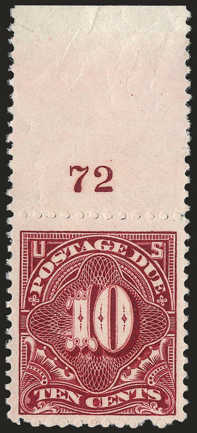 10c Deep Claret (J35).> Mint N.H. with top plate no. 72 and wide selvage, deep rich color and proof-like impression, choice centering, trivial wrinkling at top of selvage, Very Fine and choice, a pretty
stamp