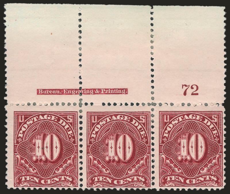 10c Deep Claret (J35).> Top imprint and plate no. 72 strip of three with wide selvage, radiant color, original gum, h.r. where some perf separations sensibly reinforced, Fine, Scott Retail as singles with no
premium for the position