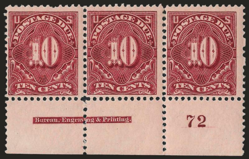 10c Deep Claret (J35).> Bottom imprint and plate no. 72 strip of three, left stamp Mint N.H., right stamps barely hinged where few perf separations expertly reinforced at top, h.r. in selvage only, intense shade
and impression, left stamp single pull