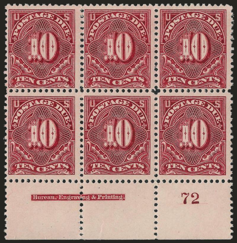 10c Deep Claret (J35).> Bottom imprint and plate no. 72 block of six, bottom right stamp barest trace of hinging, other five Mint N.H., rich color and proof-like impression, small tear in selvage at bottom
center, light horizontal crease just below p