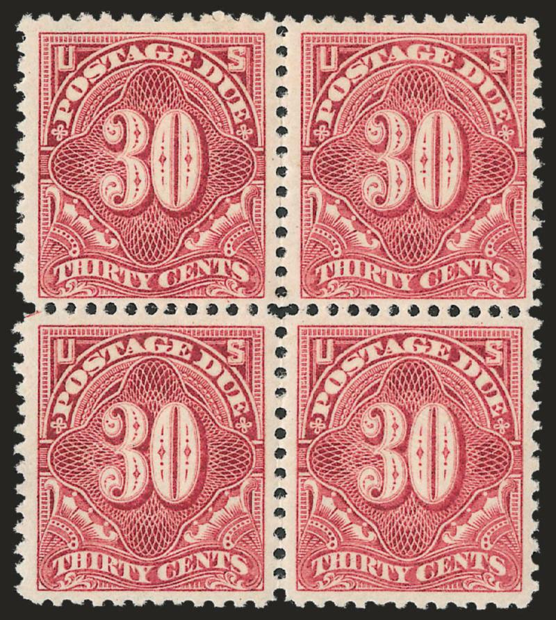 30c Pale Rose (J36b).> Block of four, slightly disturbed original gum, radiant color, well-balanced margins, Very Fine