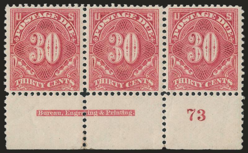 30c Pale Rose (J36b).> Bottom imprint and plate no. 73 strip of three, left stamp Mint N.H., center stamp tiny gum disturbance spot, right stamp lightly hinged, small h.r. in selvage where few perf separations
sensibly reinforced, brilliant color, Ve
