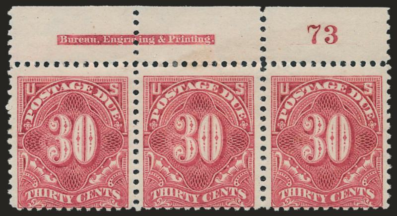 30c Pale Rose (J36b).> Top imprint and plate no. 73 strip of three, original gum, center stamp h.r., bright color, fresh and Very Good-Fine, Scott Retail as singles with no premium for the position